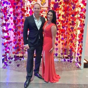 Red Slit Gown, Mesh Plunge Prom/Evening Dress